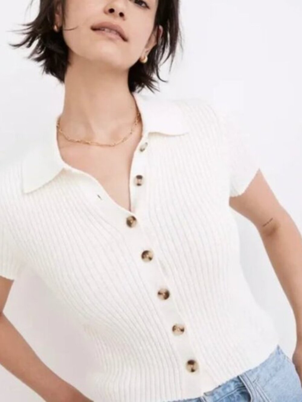 Madewell Cream Ribbed Barbrook Button-Front Sweater Polo Tee